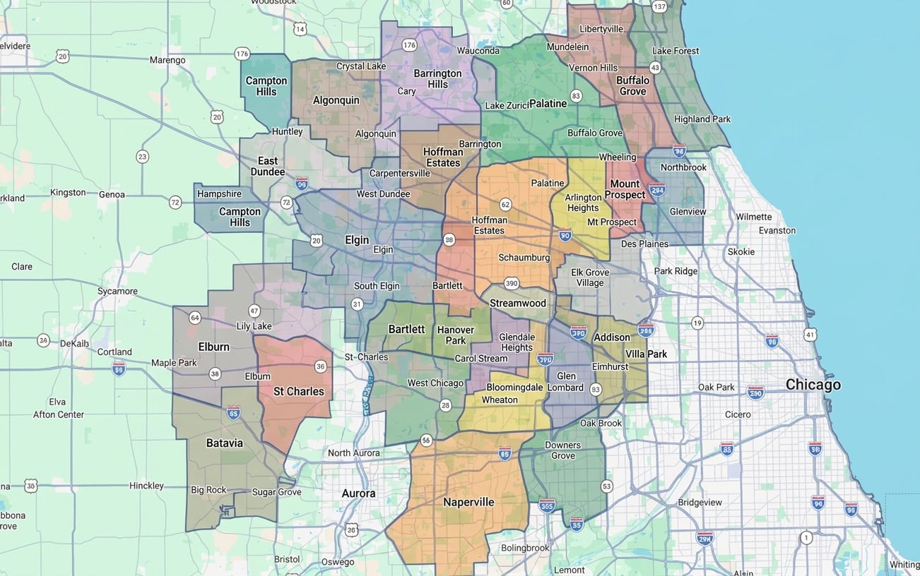 Map of the West and Northwest Chicago suburbs served by Naturally Maid Cleaning Co.